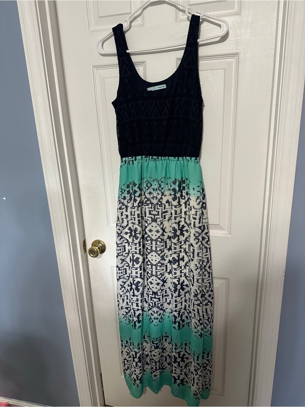 Maurice’s Sleeveless Black Crocheted Bodice Maxi Dress with Teal & White Pattern